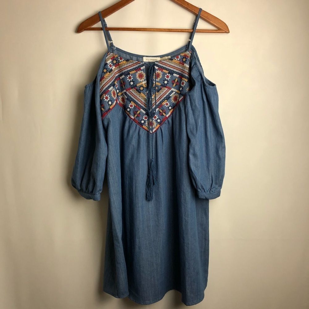 Blu Pepper cold shoulder embroidered denim dress